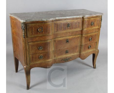 A late 19th century French parquetry serpentine commode, with marble top and three long drawers, on cabriole legs, signed 'Ro