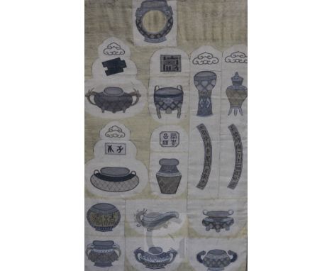 A Chinese silk kesi panel of Antique vessels, Qing dynasty, with inscriptions and metal thread brocade borders, 101cm x 42.5c