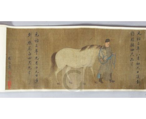 A Chinese hand scroll painting on silk of five of the horses of Mu Wang, each horse being held by a groom and with an inscrip