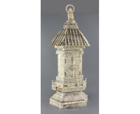 A large Japanese sectional ivory and bone Buddhist shrine, by Yushu/Hirokata, early 20th century, the densely carved and inci