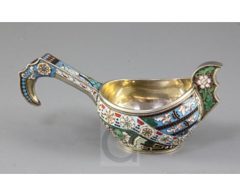 A good late 19th/early 20th century Russian 88 zolotnik and polychrome cloisonne enamel kovsh, master, Feodor Ruchert, 1890-1