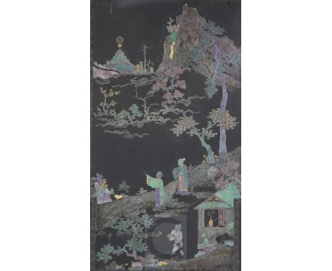 A Chinese Lac Burgaute rectangular panel, Kangxi period (1662-1722), decorated with two scholars and two attendants in a moun