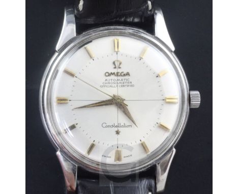 A gentleman's early 1960's stainless steel Omega Constellation automatic chronometer "pie-pan" dial wrist watch, with baton n