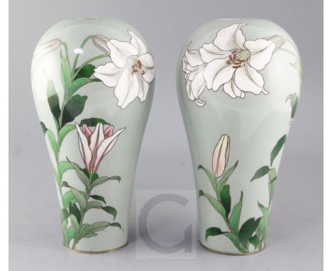 A fine pair of Japanese cloisonne enamel celadon ground vases, studio of Hayashi Kodenji, Meiji/Taisho period, worked in thic