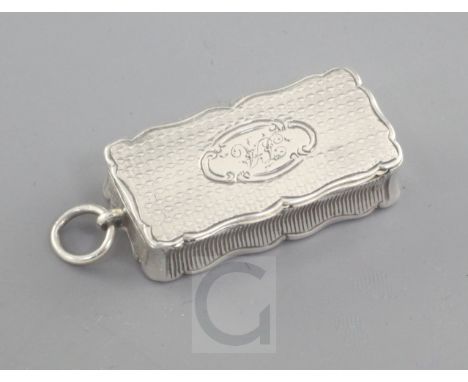 A Victorian engine turned silver rectangular combination vinaigrette/vesta by Aston & Son, with engraved initial and suspensi