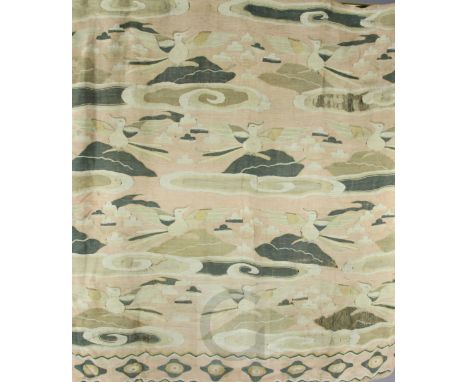 Two Japanese woven silk wall hangings, late 19th century, the first decorated with egrets on a pond, 138cm x 133cm, the secon