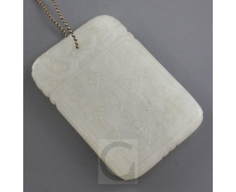 A Chinese white jade plaque, 19th century, one side carved in relief with a sage in a landscape, the reverse with a fourteen 