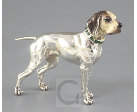 An Italian Saturno silver and enamel miniature model of a dog, height 11.2cm.