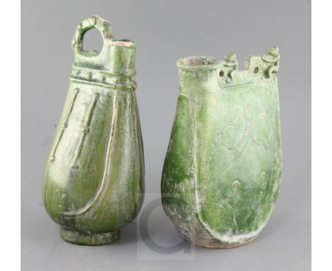 Two Chinese green-glazed flasks, possibly Liao dynasty, the first modelled with two figures of men on the crest and incised w