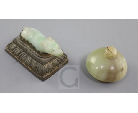 A Chinese yellow jade cover and a jadeite figure of a dog, 19th century, the dog later mounted on a metal base stamped China,