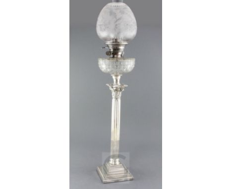 A late Victorian silver corinthian column oil lamp by Walker & Hall, with Evered & Co Ltd patent safety lock collar, cut glas