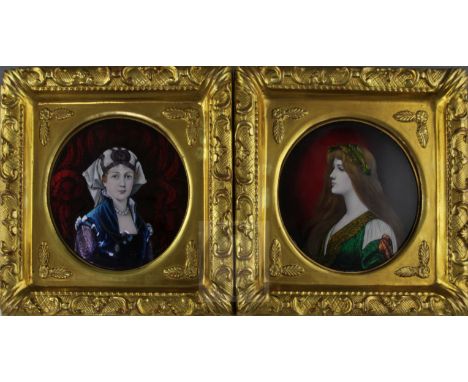 Pierre Bonnaud (1865-1930). A pair of Limoges enamel plaques, depicting medieval ladies, signed, 6.75in., housed in gilt fram