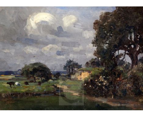 § Campbell Archibald Mellon (1878-1955)oil on wooden panelSandford, Gainsborough Lane, Somerleyton, sketch June 1928initialle