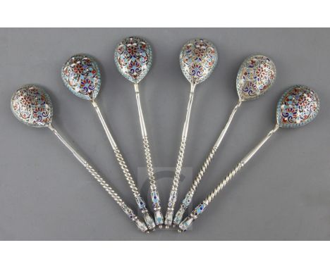 A set of six late 19th century Russian 84 zolotnik silver and cloisonne enamel spoons, assay master Anatoly Artsibashov?, 189