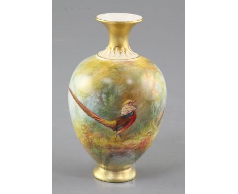 Sedgley for Royal Worcester. A golden pheasant painted small ovoid vase, date code for 1929, decorated with a continuous scen