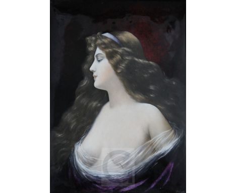 Jules Sarlandie (1874-1936). A Limoges Art Nouveau enamel portrait plaque, depicting a beauty in diaphanous robes, signed, 12
