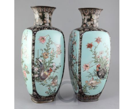 A large pair of Japanese cloisonne enamel square baluster vases, Meiji period, inlaid in silver wire or varying thickness wit