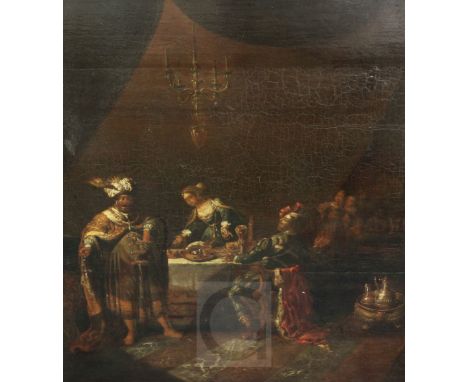Early 18th Century Flemish Schooloil on wooden panelInterior with nobles at a banquet28.5 x 25.5in.