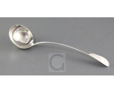 A George III Irish silver Old English pattern soup ladle, by John Shea, with engraved crest, Dublin, 1799, 35.4cm, 6 oz.