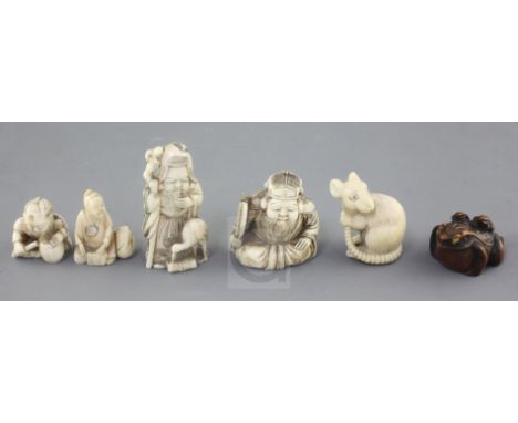 Five Japanese ivory netsuke and a similar boxwood example, late 19th / early 20th century, comprising the figures of Fukoruku