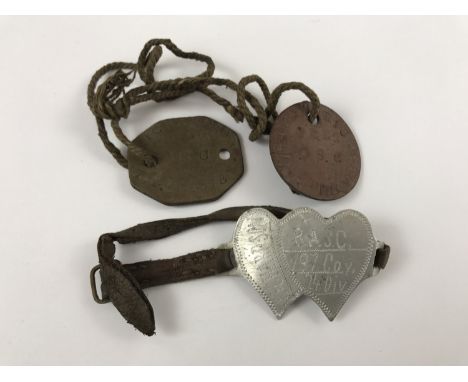 An immediate post Great War theatre-made aluminium identity wristlet, engraved Richardson, RASC, 197 Co, 24 Div, together wit