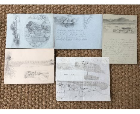 A number of sketches and a manuscript pen-and-ink map with key drawn by a 19th Century British artist living in China, includ