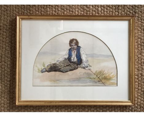 Attributed to Sir Charles West Cope RA (British, 1811-1890) Study of a recumbent young boy rock pooling at the beach, having 