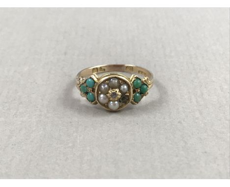 A late Victorian diamond, turquoise and seed pearl dress ring, having central flower-head arrangement formed by an old-cut di