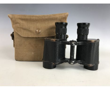 A set of Second World War British Army No 2 prismatic binoculars by Kershaw, in 1937 Pattern webbing case
