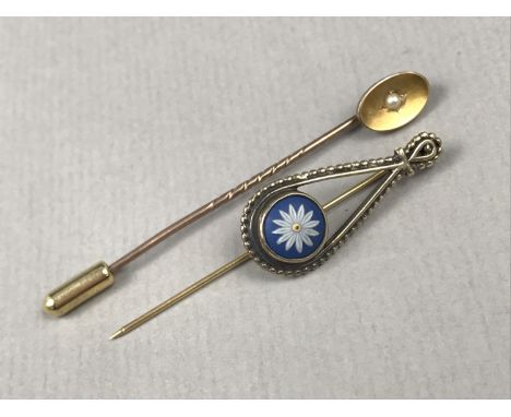 A Victorian high-carat yellow metal and split seed pearl stick pin, stamped 15ct, together with one further early 20th Centur