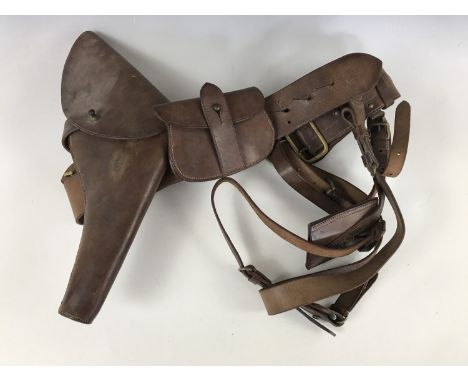 A Great War Army officer's Sam Browne accoutrement set, comprising belt, braces, holster, ammunition pouch and sword frog, th