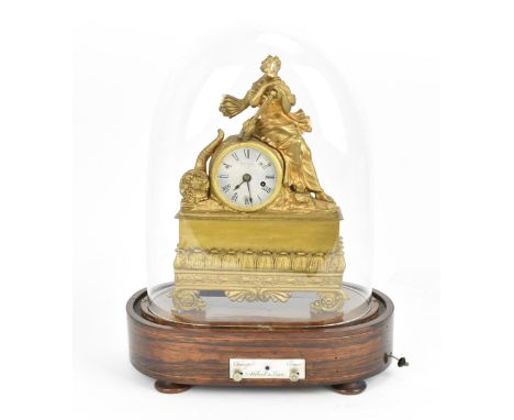 A 19th century French rare musical figural mantle clock, the gilt metal case in the form a female holding an anchor and a cor