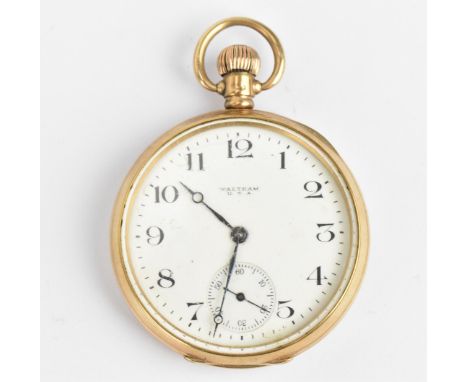 An early 20th century Waltham 9ct gold, open faced pocket watch having a white enamel dial, signed Waltham USA, with blued Br