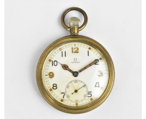 An Omega nickel plated, open faced pocket watch having a white enamel dial, signed Omega, with Arabic numerals and subsidiary