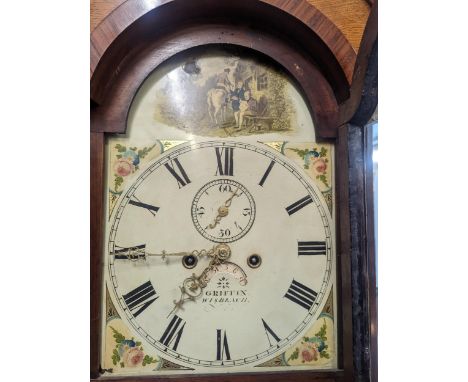 A George III 8 day longcase clock, the arched top dial decorated with a country scene with figures to the top, subsidiary sec