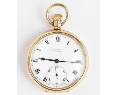 An early 20th century 9ct gold, open faced pocket watch having a white enamel dial, signed J.W.Benson, with blued hands, Roma