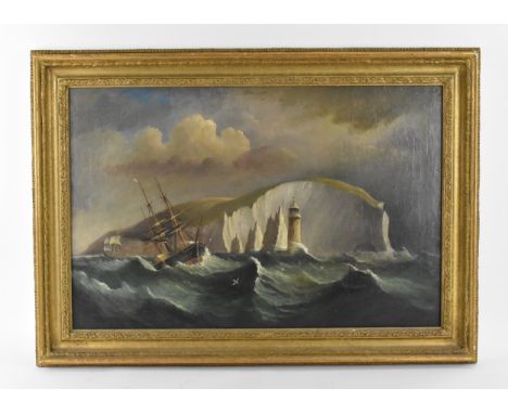 British School, 19th centurydepicting ships in choppy seas by chalk cliffs, unsigned, possibly traces of a signature under a 