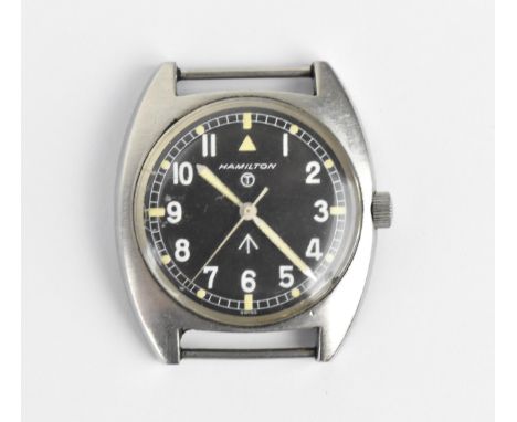 A Hamilton W10 Military issue manual wind, gents stainless steel wristwatch, circa 1975, having a black dial, signed Hamilton