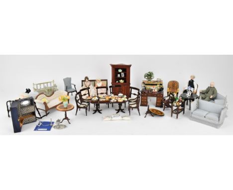 A collection of doll's house furniture, objects and dolls, to include a Regency style dining table and chairs, sofa, tripod t