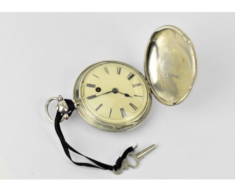 An early 19th century silver full hunter pocket watch having a white enamel dial A/F, with blued hands and Roman numerals, th