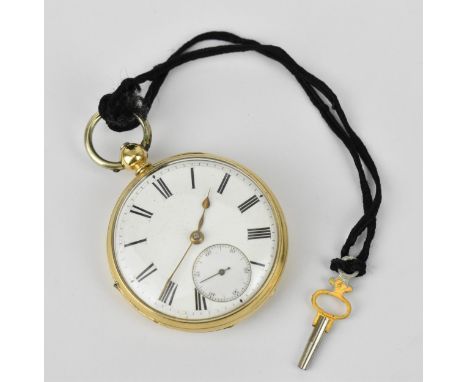 A Victorian 18ct gold open faced pocket watch having a white enamel dial, with gilt hands, Roman numerals and subsidiary seco