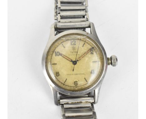 A vintage Tudor Rose Oyster manual wind, gents stainless steel wristwatch, having a silvered dial with centre seconds and Ara