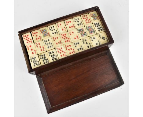 A late 19th/early 20th century Chinese cased set of carved bone and bamboo mahjong style poker deck, the wooden case with bla