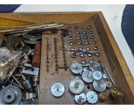 A selection of watchmakers tools to include Lorch Schidt face plate, drill bits, files, Wolf Jahn &amp; Co, F.Lorch lathe col