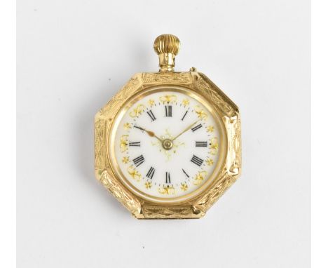 A late 19th/early 20th century 14ct gold, open faced fob watch of octagonal form, having a white enamel dial, applied gilt hi