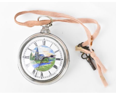 An early 19th century silver pair cased pocket watch having a white enamel dial with blued hands, Roman numerals and painted 