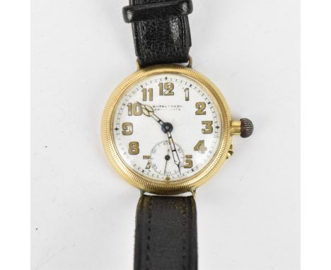 An early 20th century Rotherhams manual wind, gents, yellow metal borgel cased trench wristwatch, the white enamel dial signe