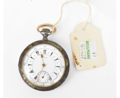 A circa 1900 keyless wind open faced pocket watch having a white enamel dial, baton markers, subsidiary seconds dial and sign