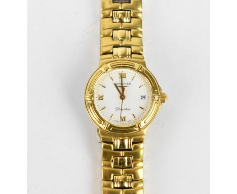 A Longines quartz, ladies gold plated wristwatch having a white enamel dial signed Longines Flagship with Roman numerals, the