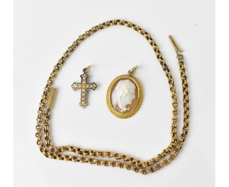 A yellow metal rolo chain necklace, together with a yellow metal mounted cameo brooch with a female portrait, and a metal cro